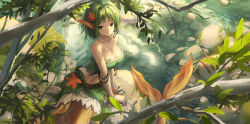 Rule 34 | 1girl, arm support, autumn leaves, bare shoulders, blush, branch, breasts, cleavage, closed mouth, commentary request, copyright request, day, elbow gloves, fins, gloves, green eyes, green hair, head fins, highres, huanxiang huifeng, large breasts, leaf, looking at viewer, maple leaf, mermaid, monster girl, navel, outdoors, solo, strapless, water, white gloves