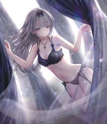 Rule 34 | backlighting, bare shoulders, black bow, blue bra, blue panties, bow, bra, breasts, cleavage, closed mouth, collarbone, cowboy shot, curtains, dust, dust cloud, dutch angle, grey hair, hair bow, highres, jewelry, light blush, lingerie, long hair, looking at viewer, missile228, navel, necklace, original, outstretched arms, panties, purple eyes, seductive smile, side-tie panties, small breasts, smile, solo, standing, underwear, underwear only