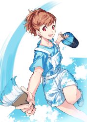 Rule 34 | 1girl, :d, absurdres, blue shirt, border, brown hair, highres, holding, holding paintbrush, open mouth, overall shorts, overalls, paint, paint can, paint splatter, paint stains, paintbrush, painting (action), persona, persona 3, persona 3 portable, red eyes, running, shiomi kotone, shirt, shoes, smile, sneakers, solo, tsubsa syaoin, white border, white footwear, white overalls