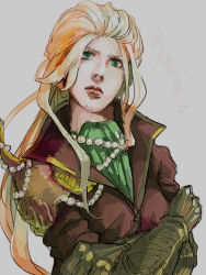 Rule 34 | 1990s (style), 1girl, androgynous, brown gloves, coat, crossed arms, elbow gloves, faris scherwiz, final fantasy, final fantasy v, gloves, green eyes, jewelry, lips, long hair, long sleeves, looking at viewer, necklace, pearl necklace, pirate, reverse trap, solo, some (artist), sweater, upper body, very long hair
