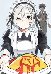 2boys alternate_costume apron bags_under_eyes bazyrak_karlcoux black_dress black_eyes black_hair blue_eyes cherry_tomato crossdressing curly_hair dark-skinned_male dark_skin dress dungeon_meshi elf enmaided food formal frilled_apron frills grey_background grey_hair highres holding holding_food holding_plate kabru ketchup lazy_eye looking_at_viewer maid maid_apron maid_headdress male_focus male_maid mithrun multiple_boys notched_ear omelet omurice open_mouth pants plate pointy_ears shirt short_hair simple_background suit sweatdrop tomato uneven_eyes vest waiter waitress wavy_hair white_apron white_shirt