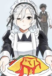 Rule 34 | 2boys, alternate costume, apron, bags under eyes, bazyrak karlcoux, black dress, black eyes, black hair, blue eyes, cherry tomato, crossdressing, curly hair, dark-skinned male, dark skin, dress, dungeon meshi, elf, enmaided, food, formal, frilled apron, frills, grey background, grey hair, highres, holding, holding food, holding plate, kabru, ketchup, lazy eye, looking at viewer, maid, maid apron, maid headdress, male focus, male maid, mithrun, multiple boys, notched ear, omelet, omurice, open mouth, pants, plate, pointy ears, shirt, short hair, simple background, suit, sweatdrop, tomato, uneven eyes, vest, waiter, waitress, wavy hair, white apron, white shirt