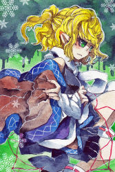 Rule 34 | 1girl, blonde hair, green eyes, highres, japanese clothes, kusuke, mizuhashi parsee, painting (medium), pointy ears, scarf, snowflakes, solo, touhou, traditional media, watercolor (medium), wavy mouth