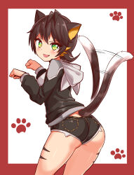 Rule 34 | 1girl, :3, afterimage, animal ears, ass, black hair, black hoodie, black shorts, body markings, border, cat ears, cat girl, cat tail, commentary, cougar (cougar1404), denim, denim shorts, from behind, hood, hood down, hoodie, kua (cougar1404), long sleeves, looking at viewer, looking back, micro shorts, open mouth, original, paw print, red border, short hair, shorts, smile, solo, standing, tail, tail wagging, tiger stripes, white background, yellow eyes