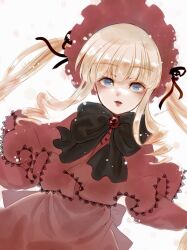 Rule 34 | 1girl, black bow, blonde hair, blue eyes, blush, bonnet, bow, capelet, dress, drill hair, flower, highres, kiru (m putorius), lolita fashion, long hair, long sleeves, looking at viewer, parted lips, red capelet, red dress, red flower, red rose, rose, rozen maiden, shinku, simple background, solo, twintails, upper body, white background