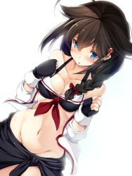 Rule 34 | 1girl, ahoge, alternate costume, bare shoulders, bikini, black gloves, black sarong, blue eyes, blush, braid, breasts, brown hair, cleavage, collarbone, fingerless gloves, gloves, groin, hair between eyes, hair flaps, hair ornament, hair over shoulder, hair ribbon, hands up, highres, kantai collection, long hair, looking at viewer, medium breasts, navel, open mouth, ribbon, sarong, shigure (kancolle), shigure kai ni (kancolle), simple background, single braid, solo, stomach, sweat, swimsuit, torisan, white background