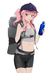 Rule 34 | 1girl, :d, backpack, bag, baseball cap, bike shorts, black hat, black shorts, bottle, breasts, cleavage, collarbone, cowboy shot, crop top, hat, holding, holding bottle, lizta, long hair, looking at viewer, louise francoise le blanc de la valliere, midriff, navel, open mouth, pink eyes, pink hair, ponytail, shiny skin, short shorts, shorts, sidelocks, simple background, sleeveless, small breasts, smile, solo, standing, stomach, white background, zero no tsukaima