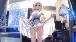 Rule 34 | 1girl, artist request, bare arms, black choker, blue eyes, blush, breasts, choker, cleavage, closed mouth, clothes lift, collarbone, dress, dress lift, fisheye, game cg, garter straps, half-closed eyes, indoors, large breasts, lifted by self, looking at viewer, medium hair, project venus, pussy, pussy juice, skindentation, sleeveless, sleeveless dress, solo, standing, straight hair, white dress, white hair, white legwear
