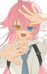 Rule 34 | 1girl, :3, ahoge, blue archive, blue eyes, collared shirt, frost fog, hands up, heterochromia, highres, hoshino (blue archive), long hair, necktie, open mouth, pink hair, shirt, smile, solo, upper body, yellow eyes