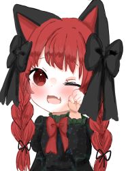 Rule 34 | 1girl, ;d, animal ears, aoringo orin, black bow, bow, braid, cat ears, chibi, dress, fang, hair bow, hand up, highres, kaenbyou rin, long sleeves, multiple tails, one eye closed, open mouth, paw pose, red eyes, red hair, simple background, skin fang, smile, solo, tail, touhou, twin braids, white background