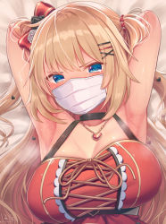 Rule 34 | 1girl, akai haato, akai haato (gothic lolita), armpits, arms behind head, arms up, bed sheet, black choker, blonde hair, blue eyes, bow, breasts, choker, commentary request, dress, hair bow, hair ornament, hairclip, heart, heart-shaped pupils, heart hair ornament, heart necklace, highres, hololive, jewelry, large breasts, long hair, looking at viewer, lying, magowasabi, mask, mouth mask, necklace, on back, on bed, red bow, red dress, signature, sleeveless, sleeveless dress, solo, sweat, symbol-shaped pupils, twitter username, two side up, upper body, virtual youtuber, x hair ornament