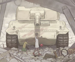 Rule 34 | 1boy, 1girl, bad id, bad pixiv id, ball, bare shoulders, board, cannon, caterpillar tracks, child, dark skin, dress, from above, from side, looking to the side, m4 sherman, military, military vehicle, motor vehicle, original, ruins, running, sandals, shirt, shorts, sleeveless, sleeveless dress, table, tank, turret, vehicle, walking, white dress, yosiyosii