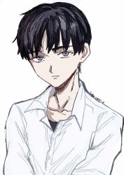 Rule 34 | 1boy, black hair, black shirt, closed mouth, collarbone, collared shirt, commentary request, dated, dress shirt, grey eyes, highres, ikari shinji, looking at viewer, male focus, neon genesis evangelion, sad, shirt, short hair, simple background, solo, three9moon, upper body, white background, white shirt