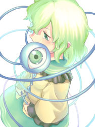 Rule 34 | 1girl, collared shirt, covered mouth, cowboy shot, frilled shirt collar, frills, from above, green eyes, green hair, hair between eyes, highres, komeiji koishi, long sleeves, looking at viewer, looking away, medium hair, menotama, pointy ears, shirt, solo, tears, touhou, white background, wide sleeves, yellow shirt