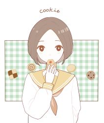 Rule 34 | 1girl, ame (amemgmgmg), bad id, bad pixiv id, checkerboard cookie, chocolate chip cookie, cookie, eating, english text, food, highres, looking at viewer, original, school uniform, serafuku, short hair, simple background, solo, thumbprint cookie, upper body