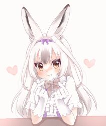 Rule 34 | 1girl, absurdres, animal ears, bow, bowtie, brown eyes, extra ears, gloves, grey background, grey hair, heart, highres, kemono friends, kuromitsu (9633 kmfr), long hair, looking at viewer, rabbit ears, rabbit girl, ribbon, shirt, simple background, snowshoe hare (kemono friends), solo, white gloves, white shirt