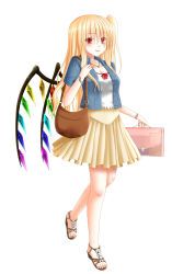 Rule 34 | 1girl, bag, blonde hair, blush, breasts, casual, contemporary, flandre scarlet, full body, hanazome dotera, handbag, highres, light smile, long hair, aged up, red lips, sandals, side ponytail, skirt, solo, touhou, white background, wings