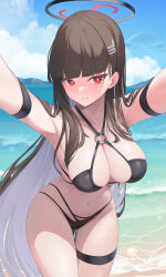 Rule 34 | 1girl, absurdres, andamiro, arm strap, beach, bikini, black hair, blue archive, blue sky, blunt bangs, blush, breasts, cleavage, cloud, collarbone, day, hair ornament, hairclip, halo, highres, korean commentary, large breasts, long hair, looking at viewer, multi-strapped bikini, navel, o-ring, o-ring top, ocean, outdoors, outstretched arms, parted lips, red eyes, rio (blue archive), sky, solo, stomach, swimsuit, thigh gap, thigh strap, thighs, very long hair