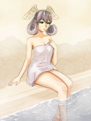 Rule 34 | 1girl, aikun2012, breasts, cleavage, green eyes, head wings, highres, melia antiqua, silver hair, solo, towel, wings, xenoblade, xenoblade chronicles (series), xenoblade chronicles 1