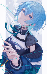 Rule 34 | 1girl, absurdres, black bow, black choker, black dress, blue eyes, blue hair, blue jacket, bow, bow earrings, choker, collared dress, dress, earphones, earrings, expressionless, fingernails, green ribbon, hair between eyes, head back, highres, hololive, hoshimachi suisei, hoshimachi suisei (streetwear), jacket, jewelry, lace, lace choker, lace sleeves, long fingernails, looking at viewer, neck ribbon, nolc, off shoulder, official alternate costume, official alternate hair length, official alternate hairstyle, parted lips, patterned background, ribbon, short dress, short hair, short sleeves, sidelocks, solo, star (symbol), star in eye, symbol in eye, virtual youtuber, white background