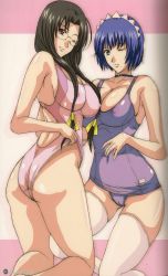 Rule 34 | 00s, 2girls, ass, between thighs, black hair, blue hair, breasts, brown eyes, cameltoe, choker, cleavage, covered erect nipples, glasses, green eyes, hairband, highres, ikkitousen, ikkitousen great guardians, ishihara souka, kaku bunwa, large breasts, long hair, looking back, mole, mole under mouth, multiple girls, nipples, no eyepatch, one-piece swimsuit, one eye closed, purple one-piece swimsuit, purple school swimsuit, ryomou shimei, school swimsuit, see-through, short hair, smile, swimsuit, thighhighs, thighs, wink, yuri