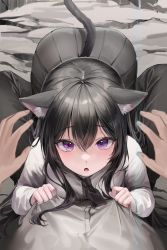 Rule 34 | 1girl, absurdres, animal ear fluff, animal ears, black hair, blush, cat ears, cat girl, cat tail, hair between eyes, highres, lillly, long hair, long sleeves, looking at viewer, necktie, open mouth, original, pants, pov, pov hands, purple eyes, skirt, tail