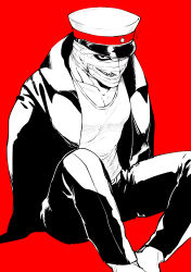 Rule 34 | 1boy, absurdres, amputee, bandages, belt, collarbone, double amputee, evil grin, evil smile, grin, hat, hat over one eye, highres, jacket, jacket on shoulders, male focus, monochrome, nakaichi-kun (sntgr nk1), pants, pectoral cleavage, pectorals, red background, shirt, shoujo tsubaki, signature, simple background, sitting, smile, solo, teeth, tokkuriji muchisute
