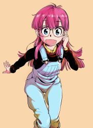 Rule 34 | 1girl, :d, black sweater, blue eyes, dr. slump, glasses, hand on own face, hand up, highres, leaning forward, long hair, looking at viewer, nakahara kaihei, nakahara keihei, no headwear, no headwear, norimaki arale, open mouth, orange background, overalls, purple hair, round eyewear, shirt, simple background, smile, solo, sweater, yellow shirt