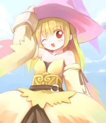 Rule 34 | bare shoulders, blonde hair, blush, detached sleeves, dress, emurin, fantasy earth zero, hat, one eye closed, pink hat, red eyes, solo, wink, witch hat