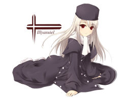 Rule 34 | 00s, 1girl, albino, arm support, blush, buttons, capelet, double-breasted, dress, eyebrows, fate/stay night, fate (series), full body, hat, illyasviel von einzbern, long hair, long sleeves, no shoes, red eyes, satomi (black scarecrow), scarf, simple background, smile, solo, swept bangs, text focus, white background, white hair, white legwear, white scarf