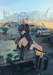 Rule 34 | 1girl, absurdres, black footwear, black jacket, black shorts, boots, breasts, car, commentary request, ddal, gloves, glowing, glowing weapon, grey eyes, hair between eyes, highres, holding, holding weapon, jacket, lamppost, long hair, long sleeves, looking away, looking to the side, mecha, motor vehicle, on vehicle, original, plant, road, robot, sand, short shorts, shorts, silver hair, sitting, small breasts, solo, tire, weapon, white gloves