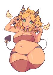 Rule 34 | 1girl, absurdres, bell, belly, black nails, blonde hair, blush, breasts, choker, cleavage, crop top, fang, green eyes, highres, horns, large breasts, navel, nintendo, plump, poorsdraws, princess zelda, shorts, tail, the legend of zelda, thick thighs, thighhighs, thighs, wings