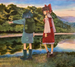 Rule 34 | 2girls, backpack, bag, blue hair, blush, boots, bow, brown eyes, brown hair, cloud, commentary, detached sleeves, forest, gohei, grass, hair bow, hair tubes, hakurei reimu, hat, hill, kawashiro nitori, looking at another, looking to the side, marker (medium), multiple girls, nature, open mouth, pointing, reflection, river, rubber boots, scenery, shiratama (hockey), sidelocks, sky, touhou, traditional media, two side up, water