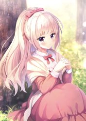 Rule 34 | 1girl, against tree, blonde hair, blush, bow, dot mouth, dress, hair bow, highres, long hair, looking at viewer, open mouth, original, outdoors, pinafore dress, pink eyes, ponytail, red bow, red dress, scarf, sidelocks, sitting, sleeveless dress, solo, tree, yomogi komegura