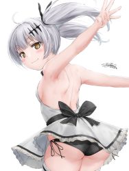 Rule 34 | 1girl, :3, aged down, arms behind back, arms up, ass, back bow, backless dress, backless outfit, black bow, black ribbon, blush, bow, breasts, closed mouth, commentary request, dress, eyebrows, five-seven (adventures of fenfen) (girls&#039; frontline), five-seven (girls&#039; frontline), from side, girls&#039; frontline, hair ribbon, head tilt, highres, official alternate costume, panties, pantyshot, ribbon, short twintails, side-tie panties, sideboob, signature, simple background, skindentation, small breasts, smile, smug, solo, standing, thighhighs, thighs, twintails, underwear, white background, white hair, yellow eyes, yukinoshiro