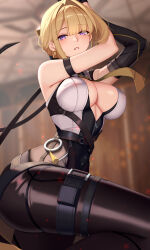 1girl absurdres arm_strap bare_shoulders black_gloves black_pants black_ribbon blonde_hair blurry blurry_background blush breasts center_opening commentary_request dydydyok earrings elbow_gloves evelyn_chevalier from_side gloves high-waist_pants highres indoors jewelry large_breasts long_ribbon looking_at_viewer necktie pants parted_lips partial_commentary purple_eyes ribbon shirt short_hair single_elbow_glove solo tight_clothes tight_pants white_shirt yellow_necktie zenless_zone_zero