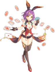 1girl ace_(playing_card) animal_ear_hairband animal_ears artist_request bare_arms bra breasts card cleavage fake_animal_ears full_body game_cg gloves hair_ornament hairband headband holding holding_card king_(playing_card) legend_clover official_alternate_costume official_art playing_card poker_chip purple_hair queen_(playing_card) rabbit_ear_hairband rabbit_ears red_footwear short_hair short_shorts shorts third-party_source transparent_background underwear white_bra yama_(legend_clover)