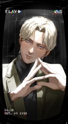 Rule 34 | 1boy, absurdres, black shirt, blonde hair, blue eyes, brown jacket, closed mouth, commentary, ctstudio (executional), english commentary, english text, fingers together, formal, head tilt, highres, jacket, johan liebert, lips, long sleeves, looking at viewer, male focus, monster (manga), parted bangs, pink lips, shadow, shirt, short hair, solo, steepled fingers, suit, timestamp, turtleneck, upper body, vhs artifacts