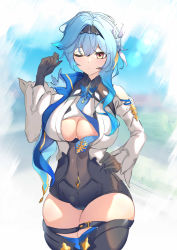 Rule 34 | 1girl, absurdres, black bodysuit, black gloves, black hairband, black headband, blue hair, blue necktie, blue vest, bodysuit, boots, breasts, cleavage, clothing cutout, covered navel, eula (genshin impact), genshin impact, gloves, hair ornament, hairband, hand on own hip, haraheriei, headband, high-waist shorts, highres, large breasts, medium hair, multicolored eyes, necktie, one eye closed, short shorts, shorts, shoulder cutout, solo, standing, thick thighs, thigh boots, thigh strap, thighhighs, thighs, vest, wide sleeves