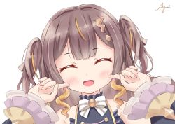 Rule 34 | 1girl, anya melfissa, ayumi aika, blush, closed eyes, hair between eyes, hair ornament, happy, highres, hololive, hololive indonesia, holoro, long hair, looking at viewer, open mouth, pointing, pointing at self, portrait, ribbon, simple background, solo, virtual youtuber, white background