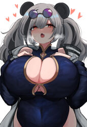 Rule 34 | 10eki (tenchou), 1girl, absurdres, animal ears, arknights, blush, breasts, china dress, chinese clothes, cleavage, cleavage cutout, clothing cutout, covered navel, dress, eyewear on head, fang, feater (arknights), grey hair, heart, heavy breathing, highres, huge breasts, jacket, panda ears, red eyes, skin fang, sunglasses, twintails, white background