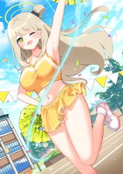 Rule 34 | 1girl, arm up, armpits, blonde hair, blue archive, breasts, cheerleader, cloud, collarbone, commentary, confetti, cross-laced footwear, dot nose, frilled skirt, frills, green eyes, halo, hand on own hip, highres, ine (ineinnen), long hair, midriff, nonomi (blue archive), one eye closed, open mouth, outdoors, panties, pantyshot, pom pom (cheerleading), running track, school, shoes, side ponytail, skirt, sky, sneakers, solo, sparkle, standing, standing on one leg, stomach, thighs, tree, underwear, white panties, yellow skirt