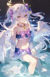Rule 34 | 1girl, angel wings, azusa (blue archive), azusa (swimsuit) (blue archive), bead necklace, beads, bikini, blue archive, breasts, flower, frilled bikini, frills, hair flower, hair ornament, halo, highres, in water, jewelry, kocir, looking at viewer, low wings, necklace, official alternate costume, pink eyes, ribbon, signature, sitting, small breasts, solo, strapless, strapless bikini, swimsuit, white hair, white wings, wings