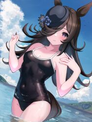 Rule 34 | 1girl, animal ears, black hair, black one-piece swimsuit, blue flower, blue hat, blue rose, blue sky, bowler hat, breasts, cloud, collarbone, commentary, competition school swimsuit, day, dutch angle, flower, hair over one eye, hat, hat flower, highres, horse ears, horse girl, horse tail, kerotan (belle reinedesu), long hair, mountainous horizon, one-piece swimsuit, outdoors, purple eyes, rice shower (umamusume), rose, school swimsuit, sky, small breasts, solo, swimsuit, tail, tilted headwear, umamusume, wading, water, wet, wet clothes, wet swimsuit