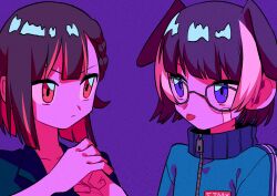 Rule 34 | 2girls, animal ears, bandage on face, bandages, blue eyes, blue jacket, brown eyes, closed mouth, collarbone, glasses, highres, jacket, looking ahead, menma (enaic31), multicolored hair, multiple girls, nira-chan, purple background, short hair, streaked hair, tongue, tongue out, track jacket, upper body, zipper, zutto mayonaka de ii no ni