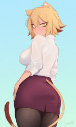 Rule 34 | 1girl, animal ears, ass, black pantyhose, blonde hair, blue background, breasts, darahan, from behind, large breasts, lion ears, lion girl, lion tail, looking at viewer, original, pantyhose, pencil skirt, red skirt, shirt, short hair, simple background, skirt, solo, tail, white shirt, yellow eyes