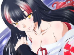 Rule 34 | 1girl, akagi (aoki hagane no arpeggio), aoki hagane no arpeggio, black hair, blunt bangs, breasts, cleavage, commentary request, kaname aomame, large breasts, long sleeves, looking at viewer, multicolored hair, off shoulder, open clothes, red hair, smile, solo, upper body, white hair, yellow eyes