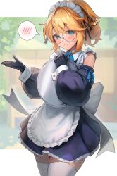 Rule 34 | 1boy, absurdres, androgyne symbol, apron, aqua eyes, back bow, black gloves, blonde hair, bow, bridget (guilty gear), detached sleeves, embarrassed, glasses, gloves, guilty gear, guilty gear strive, hakusyokuto, highres, holding, holding tray, long hair, maid, maid apron, maid headdress, male focus, miniskirt, ponytail, round eyewear, skirt, smile, solo, spoken blush, thighhighs, trap, tray, white apron, white thighhighs