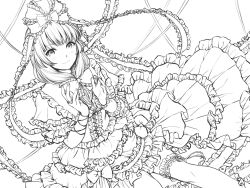 Rule 34 | 1girl, adapted costume, arm ribbon, arm strap, boots, bow, breasts, commentary request, dress, frilled dress, frilled ribbon, frilled sleeves, frills, front ponytail, greyscale, hair bow, hair ribbon, happy, kageharu, kagiyama hina, lips, long dress, looking at viewer, medium breasts, medium hair, monochrome, puffy short sleeves, puffy sleeves, ribbon, short sleeves, smile, touhou, unfinished