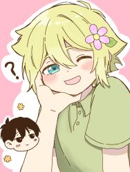 2boys ? basil_(faraway)_(omori) basil_(omori) black_eyes black_hair blonde_hair blue_eyes blush chibi closed_mouth collared_shirt flower green_shirt hair_flower hair_ornament highres male_focus multiple_boys omori one_eye_closed open_mouth shirt short_hair short_sleeves smile sunny_(omori) upper_body yuuabara